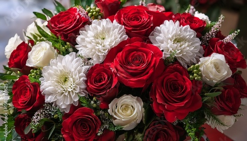 a lavish arrangement of lush red roses white carnations and verdant foliage perfect for a special valentine s day