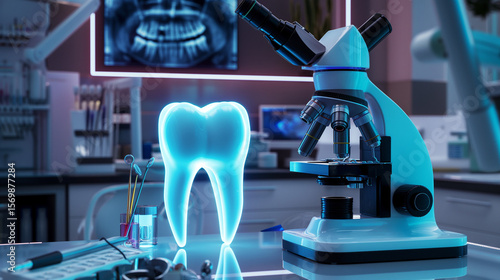 3D Human Tooth Anatomy concept. A futuristic dental laboratory featuring a microscope and a glowing tooth model, emphasizing scientific research in oral health