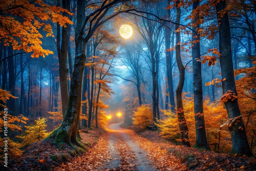 Fototapeta premium Autumnal Forest Path: Mystical Moonlight, Orange Leaves, Misty Enchantment
