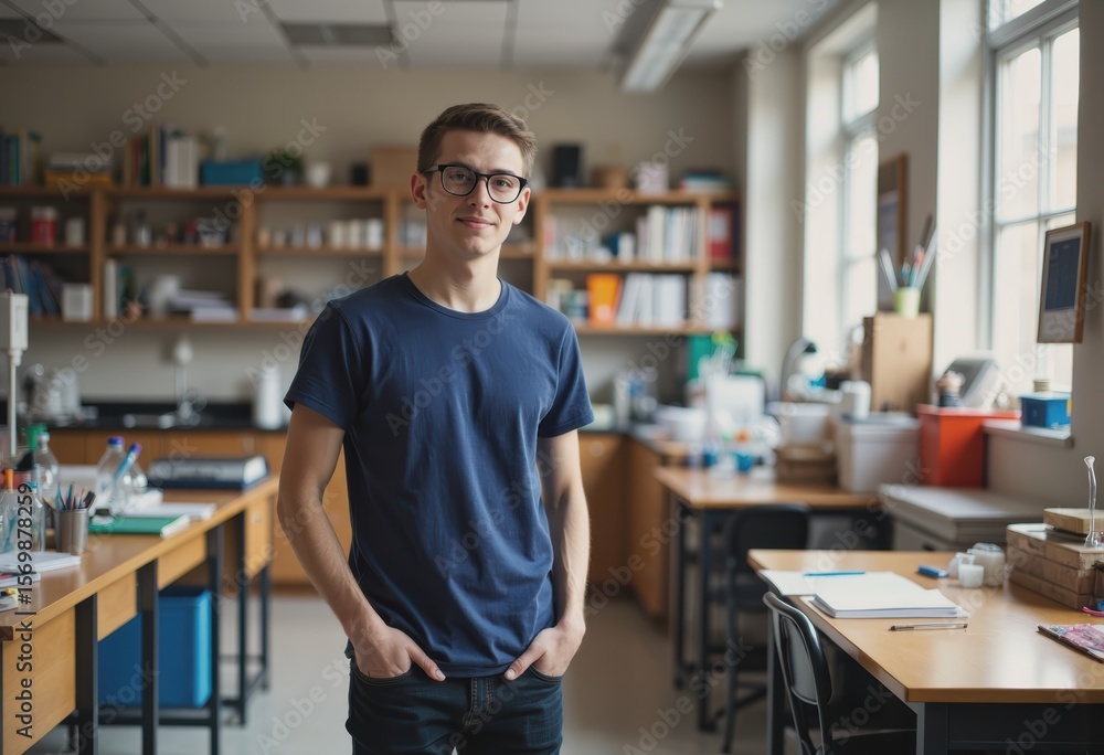 Obraz premium Young teacher in a STEM classroom, promoting education and innovation