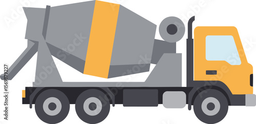 A yellow and gray concrete mixer truck, used for transportation of construction material.