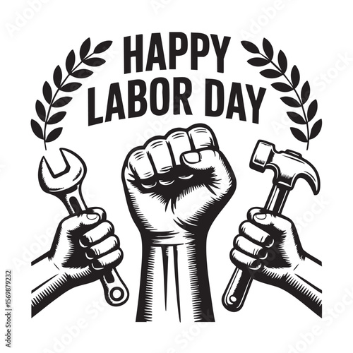 Happy labor day vector illustration with fist hammer and wrench for celebration