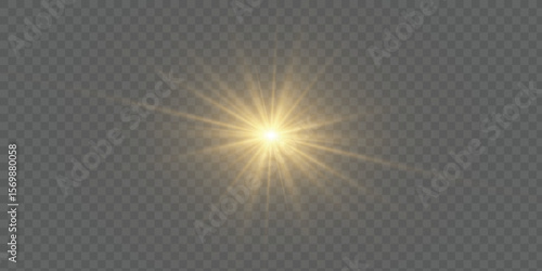 Bright golden burst of light with rays and highlights on transparent background. Energetic visual light element for effects, web design and illustrations. Vector PNG