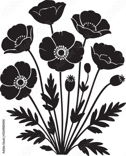 Black and white poppy flower vector illustration floral design element art