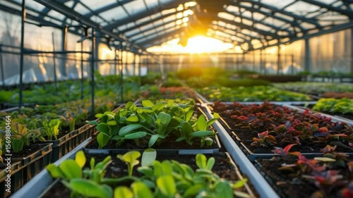 Sunlight drenched greenhouse nursery full of plants