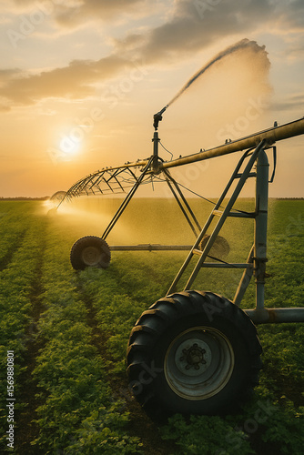 Agricultural Irrigation System at Sunset Over Lush Crops 