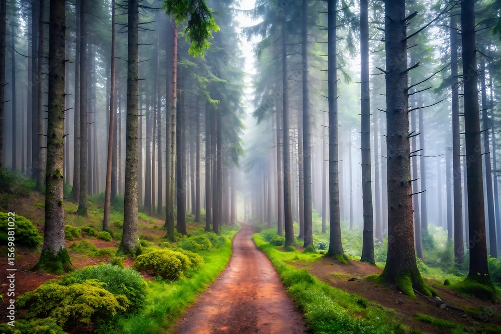 Obraz premium Misty Forest Path: Serene, Lush Green Coniferous Trees, Magical Atmosphere, Tranquil Nature Scene