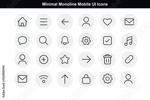 Minimal Monoline Mobile UI Icons in Circular Background.