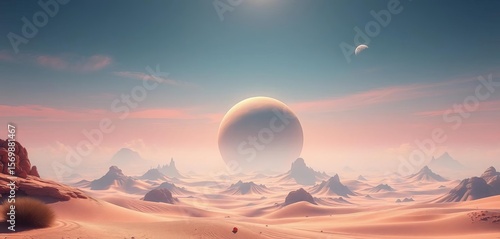 Whimsical desert planet, floating islands, pastel sky, crescent moon,  clouds,  magical