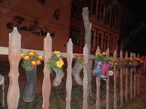 virágok csizmákban a kerítésen