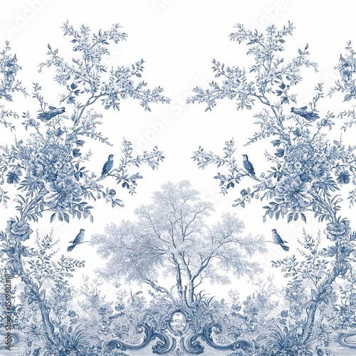 Vintage blue toile floral and bird pattern on white