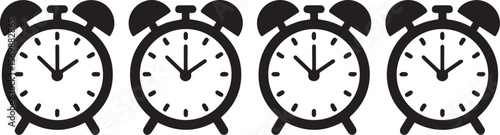 Four identical black alarm clock icons in a horizontal row