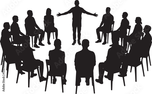 Silhouette of people in a circle with a presenter standing up