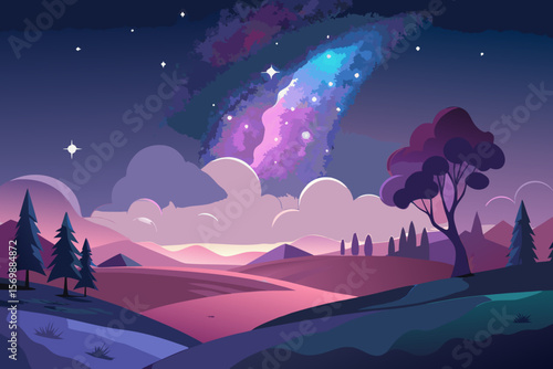 Dark fantasy landscape with a full moon and starry night sky over mountains and a tree silhouette