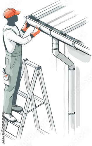 Illustration of a handyman repairing a gutter while standing on a ladder.