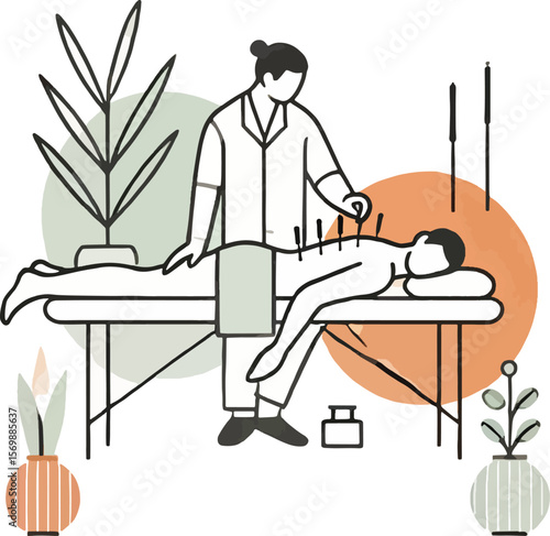Acupuncture session illustration depicting therapist and patient on a massage table with floral decorations