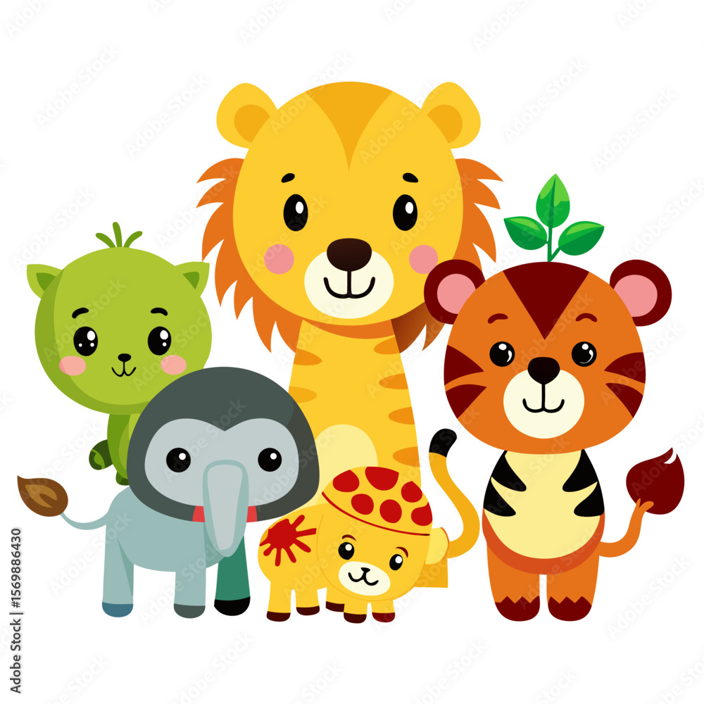 Naklejka premium Cute Jungle Animal Vector Set for Kids | Cartoon Lion, Elephant, Tiger, Giraffe