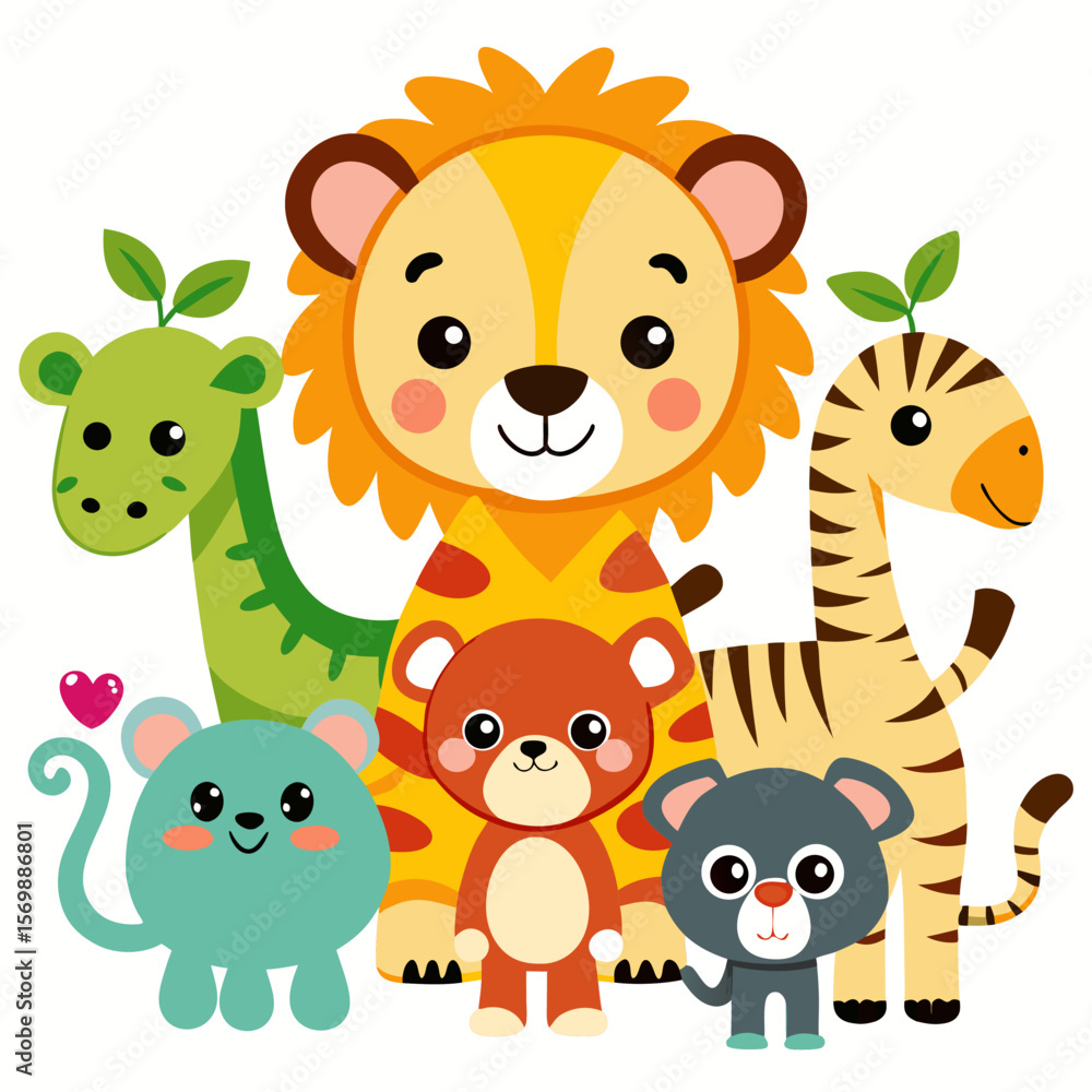 Naklejka premium Cute Jungle Animal Vector Set for Kids | Cartoon Lion, Elephant, Tiger, Giraffe