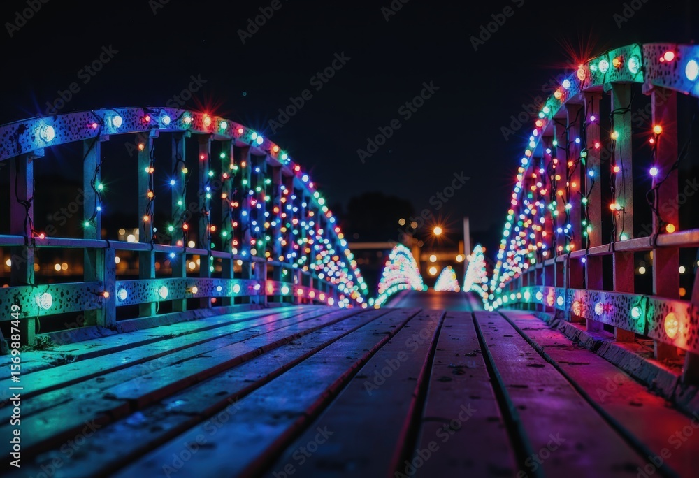 Fototapeta premium Colorful festive lights illuminating a bridge at midnight