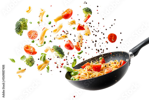 Delicious Pasta Toss: Vibrant Vegetables, Spices, isolated on transparent PNG