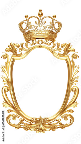 A luxurious, ornate gold frame with crown, baroque-style floral and leaf motifs. Regal and vintage appearance. Perfect for classic art, antique design elements, or decorative projects. SVG
