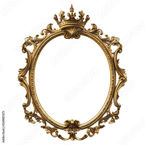 A luxurious, ornate oval gold frame with crown, baroque-style floral and leaf motifs. Regal and vintage appearance. Perfect for classic art, antique design elements, or decorative projects. SVG