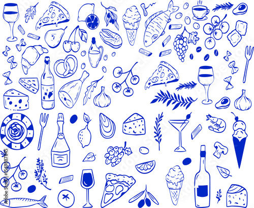 Hand drawn italian food set. Mediterranean lunch and dinner icons in doodle sketch. Lemons, pasta, tomato, pizza, cheese, wine. Italian summer vacation. Dolce vita aesthetics. Vector illustration.