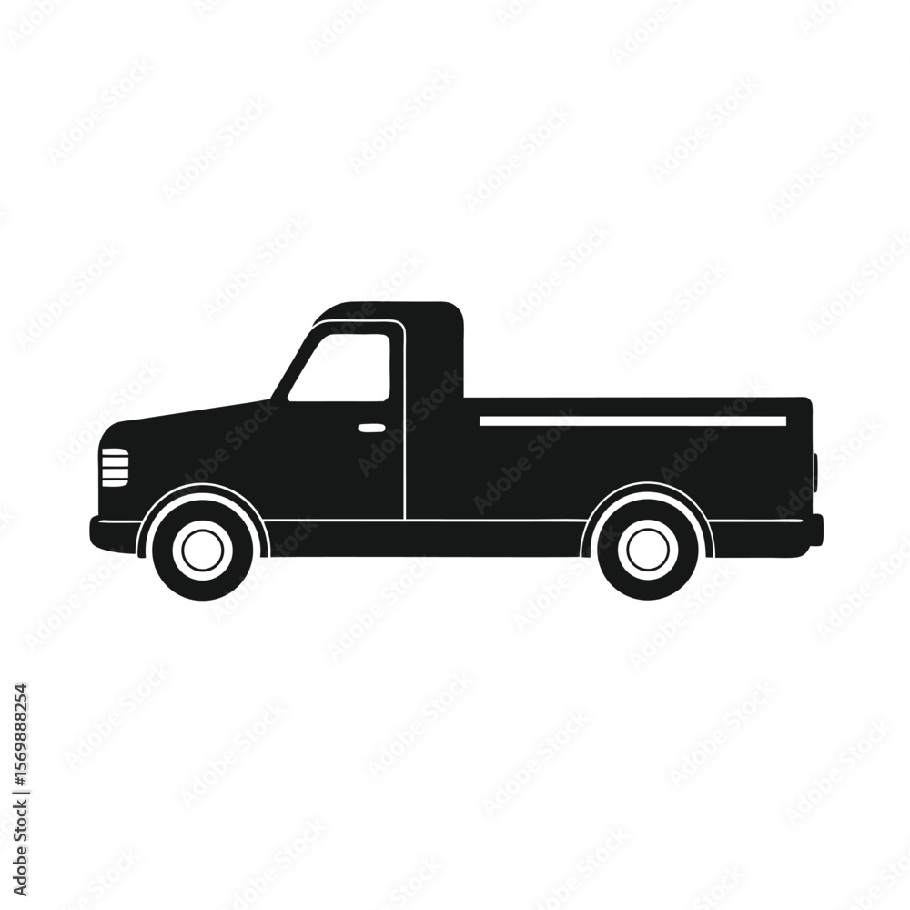 Simple Black Silhouette Pickup Truck Icon, Minimalist, Clean, and Modern Design for Transportation Graphics. Simple Black Silhouette Pickup Truck Icon, Minimalist, Clean, and Modern Design for Transportation Graphics.