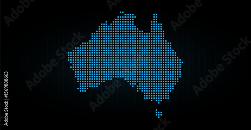 Australia map in pixel art style shines in light blue tones against a dark backdrop, offering a modern tech-inspired representation of the continent with digital square shapes and clean lines
