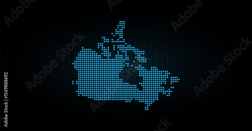 Illuminated blue pixel art depicts Canada's shape, a modern digital map against a dark grid background evoking technology and data representation, perfect for illustrating connectivity and innovation