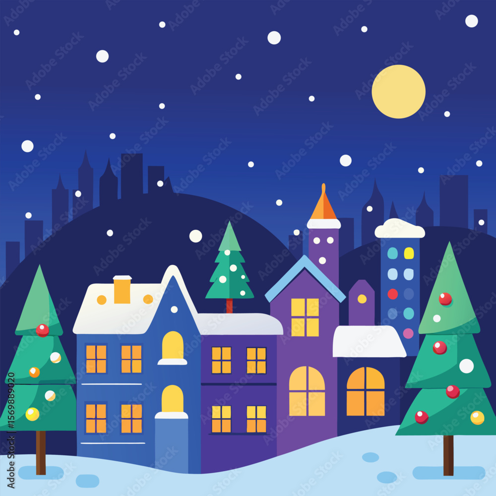 Fototapeta premium Christmas night winter landscape with houses and a festive city scene under a snowy sky