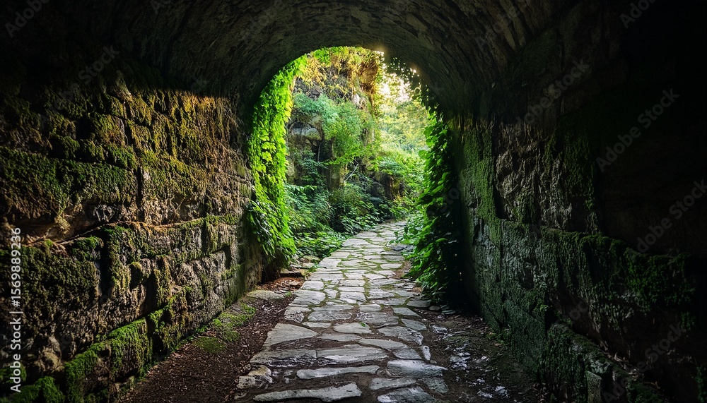 ancient stone archway mysterious underground cavern with lush greenery ideal for fantasy themes and storytelling ancient stone archway mysterious underground cavern with lush greenery ideal for fantasy themes and storytelling