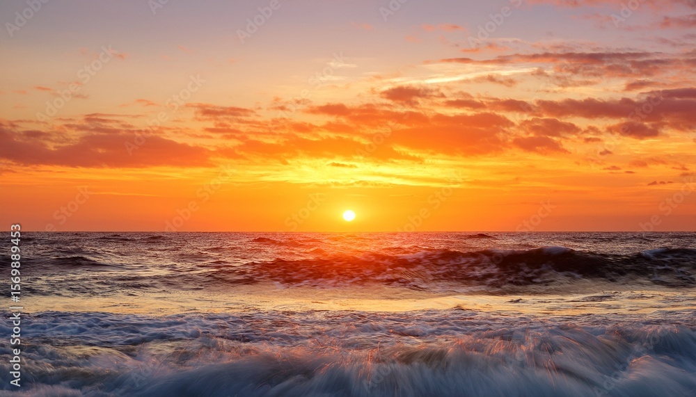 Fototapeta premium a stunning sunset paints the ocean waves in vibrant hues of orange and yellow creating a serene atmosphere ideal for nature lovers and photography enthusiasts