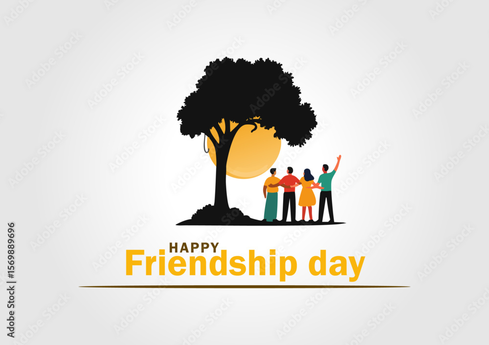 Obraz premium Happy Friendship Day Celebration with Friends Under Tree and Sunset