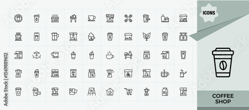 Coffee Shop icon set. Minimal icons pack. Contains related to breakfast, drink, cup, espresso, shop. Pictogram and infographic. Tea icon set.
