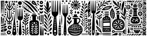 Hand‑Drawn Seasoning Bottle and Fork Illustration, Tribal Kitchen Folk Art Pattern Vector for Cooking and Culinary Adventure Themes Design