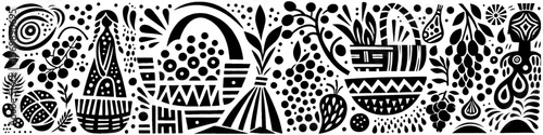 Hand‑Drawn Girl and Gardening Fruit Illustration, Tribal Harvest Folk Art Pattern Vector for Nature and Countryside Adventure Themes Design
