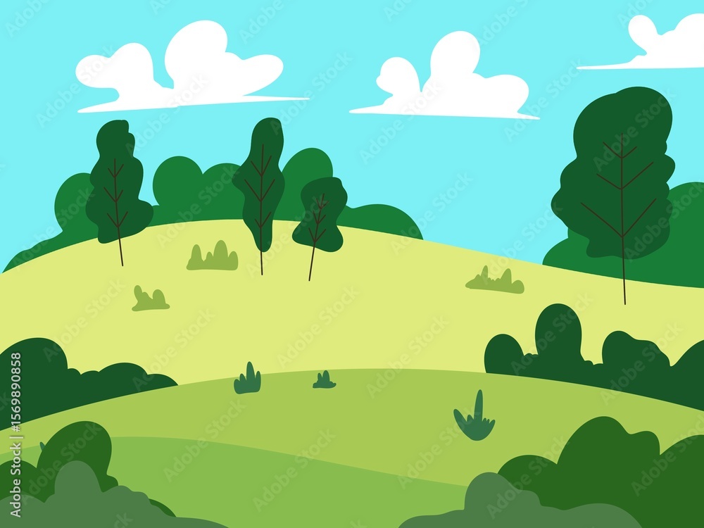 Obraz premium View of green fields, forests and mountains, illustration wallpaper