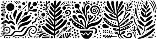 Hand‑Drawn Spruce and Pots Illustration, Tribal Botanical Folk Art Pattern Vector for Winter and Rustic Adventure Themes Design