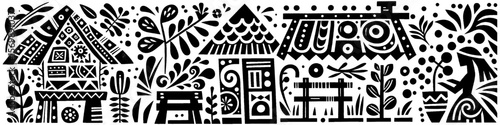 Hand‑Drawn Girl and Village House Illustration, Tribal Cultural Folk Art Pattern Vector for Heritage and Countryside Adventure Themes Design