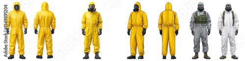 Yellow and white hazmat suits isolate wearers from hazardous environments. Protective gear ensures safety from potential bomb