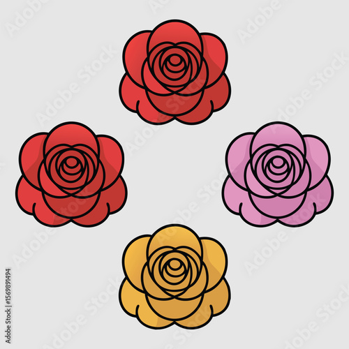 Simple flat rose flower icon set illustration