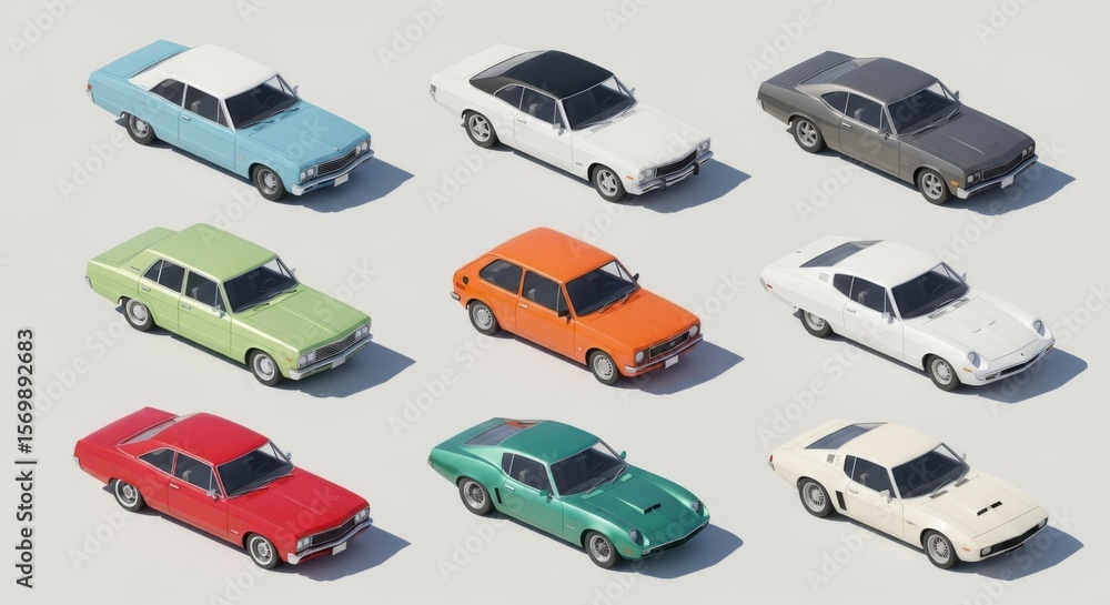 Naklejka premium Aerial view of a collection of classic automobiles in various vibrant hues