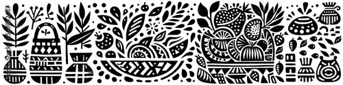Hand‑Drawn Fruits and Basket Illustration, Tribal Harvest Folk Art Pattern Vector for Market and Countryside Adventure Themes Design