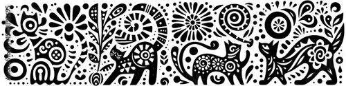 Hand‑Drawn Cats Illustration, Tribal Animal Folk Art Pattern Vector for Pet and Domestic Life Theme Designs