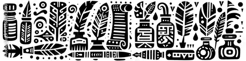 Hand‑Drawn Feather and Ink Illustration, Tribal Writing Folk Art Pattern Vector for Calligraphy and Vintage Adventure Themes Design