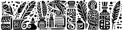 Hand‑Drawn Feather and Ink Illustration, Tribal Writing Folk Art Pattern Vector for Calligraphy and Vintage Adventure Themes Design