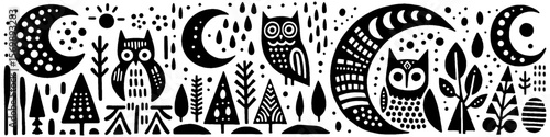 Hand‑Drawn Owl and Crescent Illustration, Tribal Nocturnal Folk Art Pattern Vector for Night and Forest Adventure Themes Design
