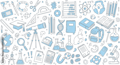 Back to school doodle vector illustration with education and science items