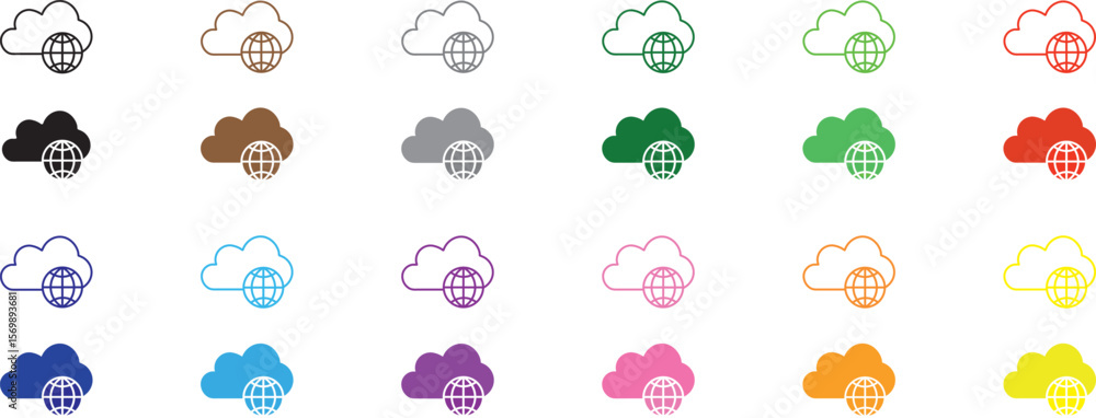 Obraz premium Colorful cloud globe icons set. Line and flat icon. Cloud internet. Web service icon. Cloud connectivity logo.
